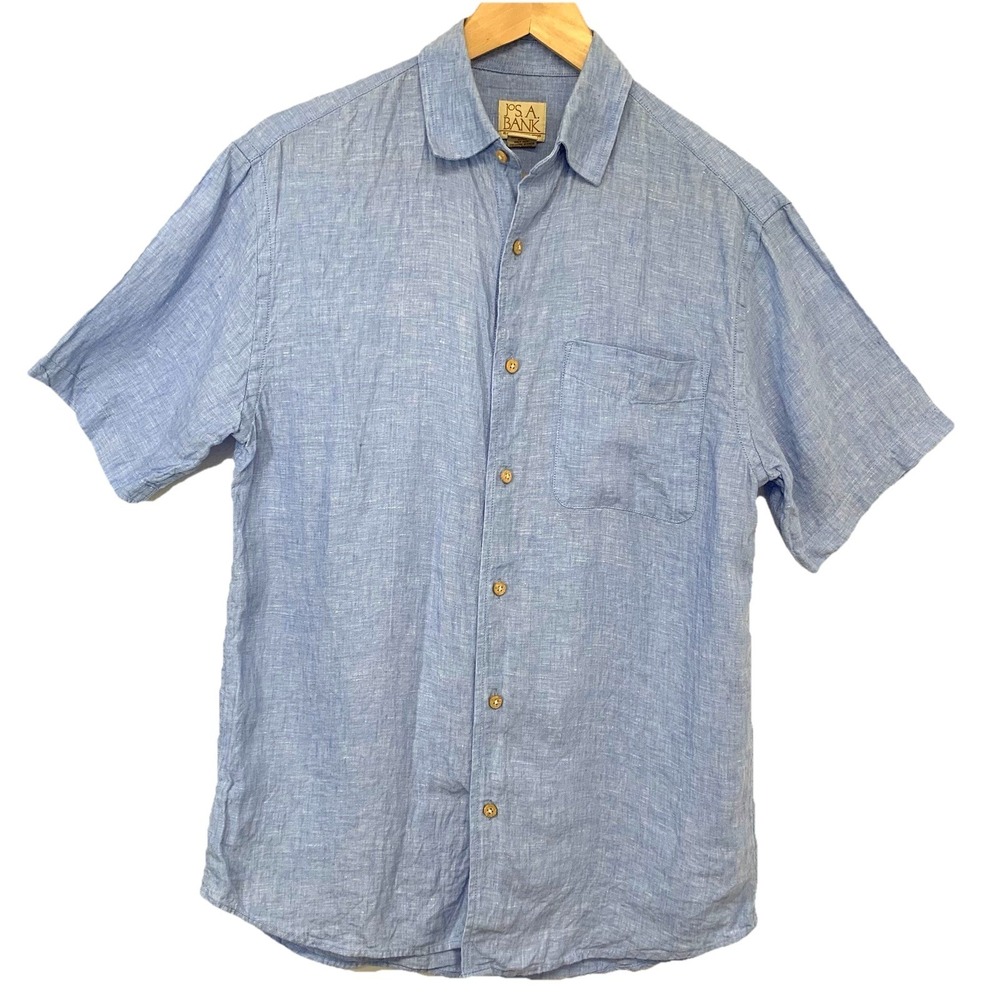 Jos A Bank 100% Linen Short Sleeve Shirt Men Small Blue Vacation Resort Casual